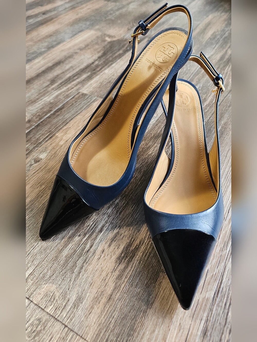 Tory Burch Penelope Cap Toe Slingback Pump Heel Navy Black